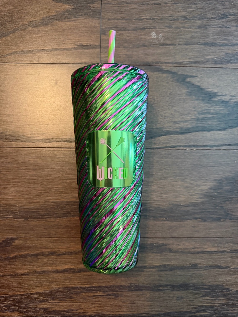Starbucks WICKED Metallic Green & Pink Swirl Tumbler with Straw